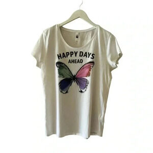 Everme Butterfly White Blue  Purple Short Sleeves Crewneck T-Shirt  SZ L #2164